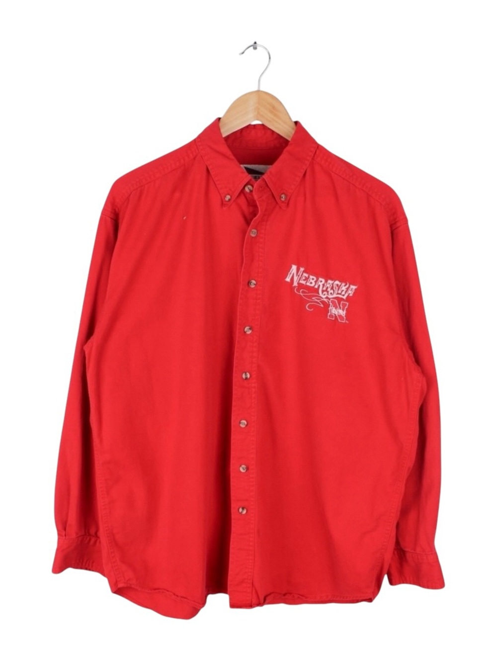 Vintage Nebraska Cornhuskers Button Up Shirt Red Denim Embroidered Men's Large